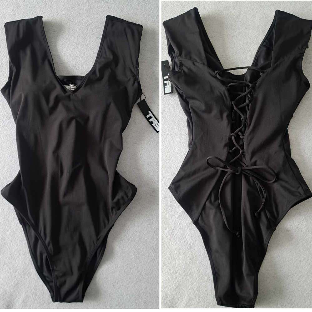 Black Lace-Up Back One-Piece Swimsuit